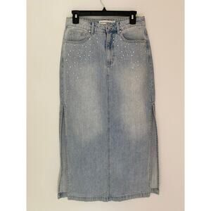 Rebecca Minkoff Denim Jean Midi Skirt Double Side Slits Rhinestones Crystals 2